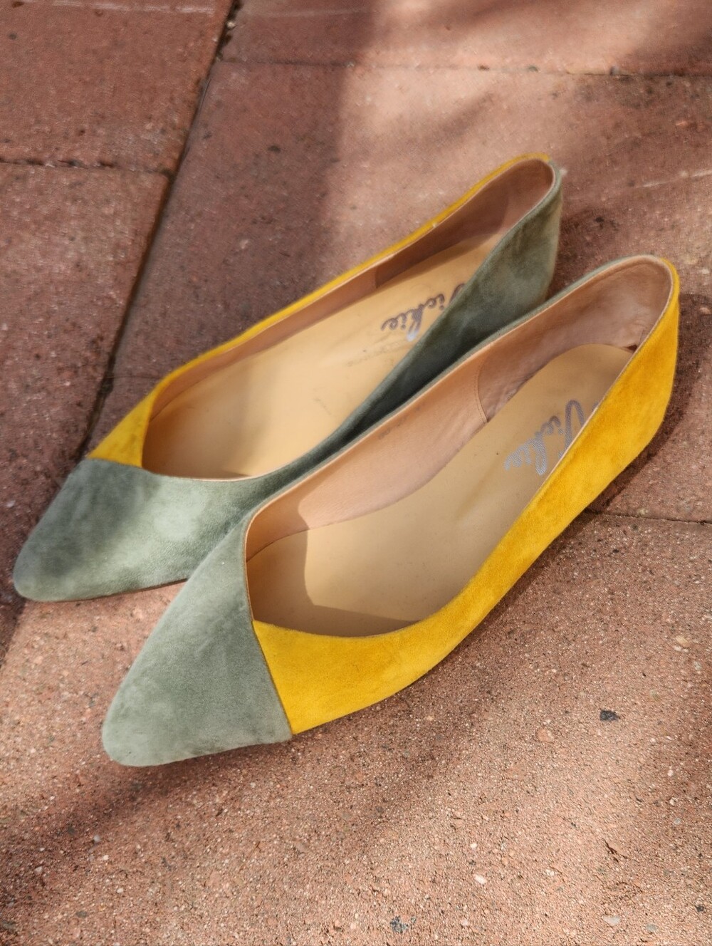 Suede Pointed-Toe Two-Tone Flats in Mustard Yellow and Sage Green